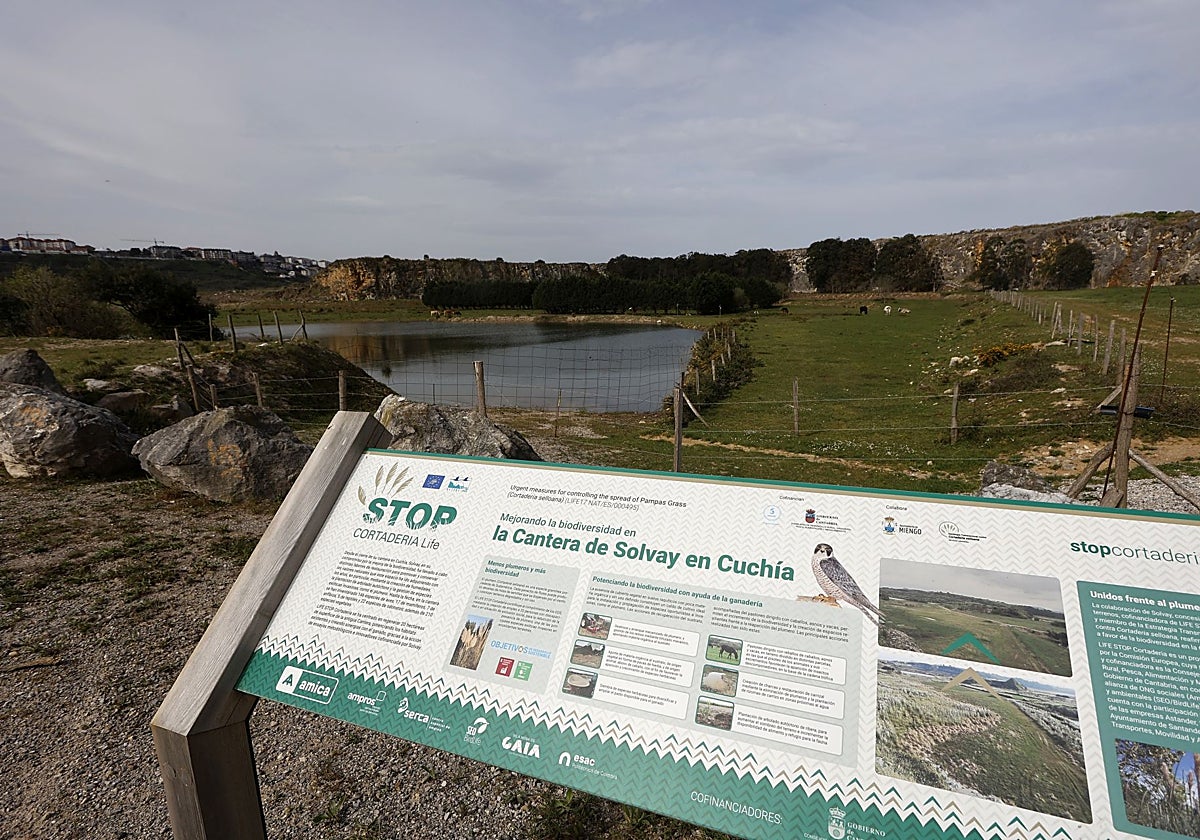 Uno de los paneles informativos frente a los terrenos de la antigua cantera de Solvay en Cuchía, Miengo.