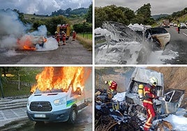 San Vicente de la Barquera: Vehículo calcinado en la autovía A-8, mientras las autoridades policiales regulan el tráfico.