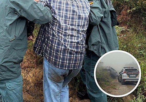 Guardias civiles que localizaron al hombre, desorientado tras perder el control de su coche en una pista forestal.