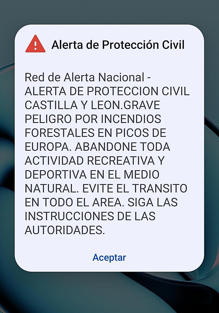 Imagen - Alerta que llego a los móviles el 16 de agosto en la zona de Liébana