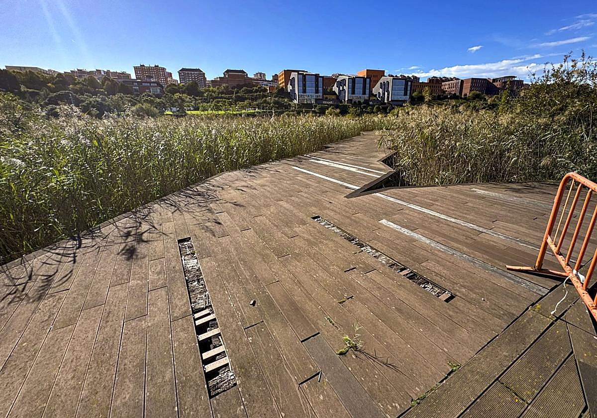El estado de las maderas de las pasarelas del parque de Las Llamas, que acumula desperfectos.