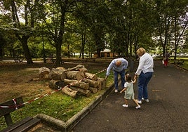 Una familia se interesa por los troncos apilados como resultado de los trabajos, ayer, en el parque Manuel Barquín de Torrelavega.