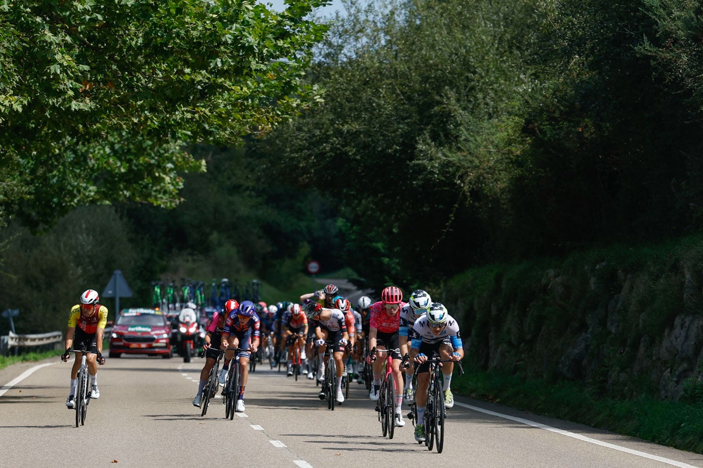 Dos corredores del Movistar, al frente del grupo de escapados, una vez superado el puerto de Alisas.