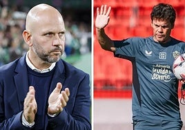 José Alberto López, al final de un partido en los Campos de Sport y Rubi, técnico del Almería.