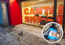 Imagen del ataque en abril a la sede del PSOE y detalle de una de las botellas con explosivos.