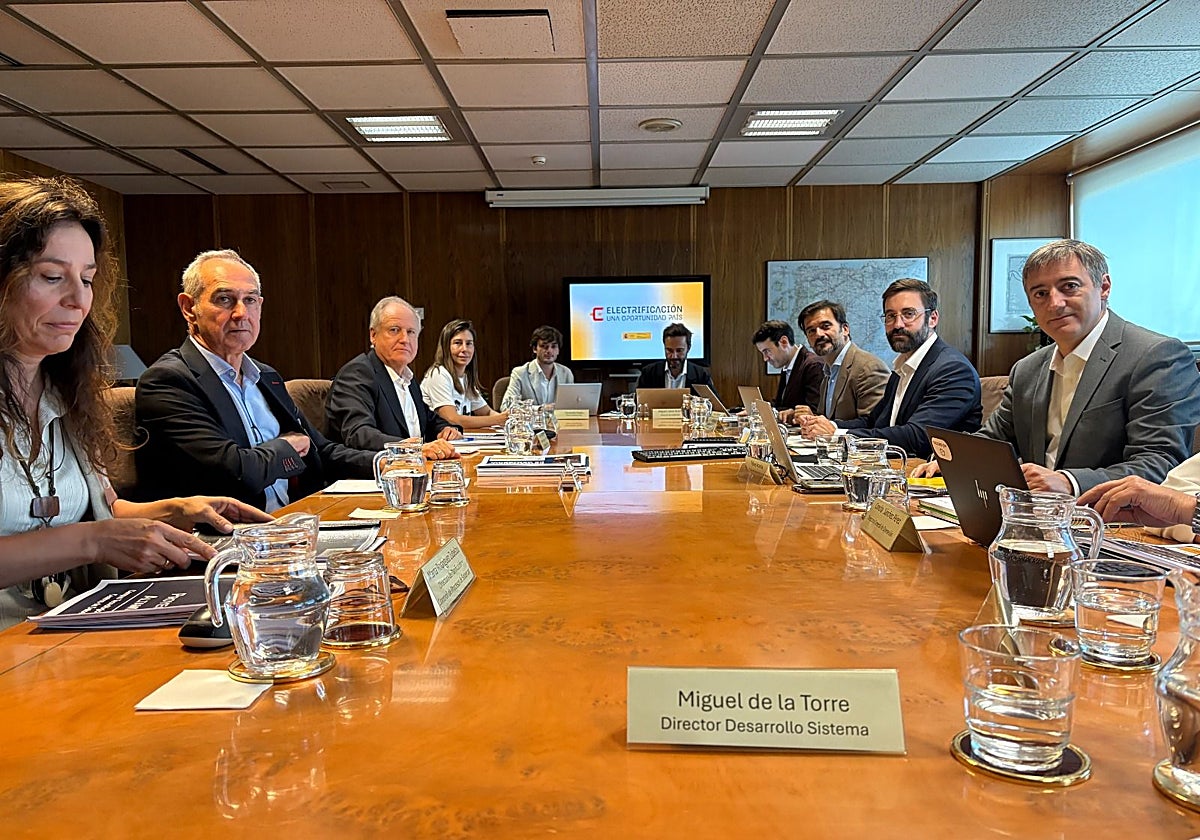 Arasti y Groizard, junto a sus equipos de trabajo, durante la reunión celebrada este viernes en Madrid.