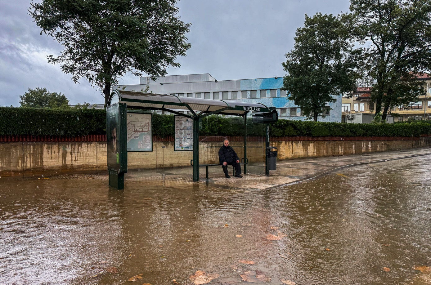 Inundaciones en la marquesina de autobuses en Valdecilla Sur
