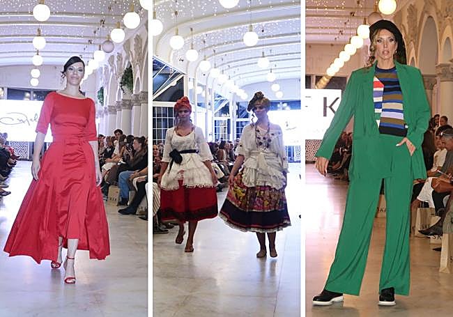 De izquierda a derecha: Piloshka, con un vestido de Ángel Iglesias; Abbie Potter y María Ruiz en el espectáculo de la Asociación Perlas Da Amazonía; y Lucila Fernández, con traje de la firma bilbaína SKFK.