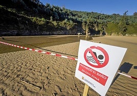 Los carteles instalados ayer en la playa y que prohiben el baño en la zona de pozas de la playa de Galizano.