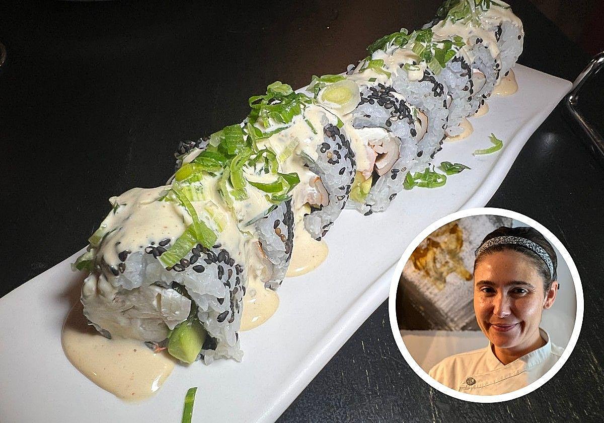 Maki frío de aguacate, queso crema, surimi, langostino y salsa. En el círculo, Katherine Alejandra Barahona, jefa de cocina y propietaria.