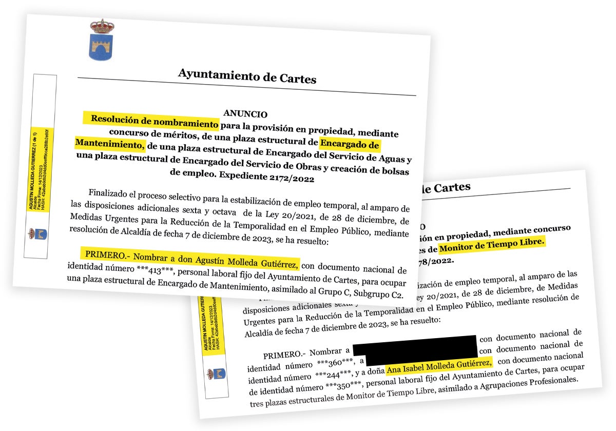El secretario de Organización de PSOE, Agustín Molleda, firmó como alcalde de Cartes los anuncios de las resoluciones de nombramiento de las plazas ganadas por él y su hermana en diciembre de 2023, además de las bases, las listas de admitidos y la composición de los miembros del tribunal. Los documentos de resolución fueron firmados una semana antes por la alcaldesa en funciones María Lorena Cueto.