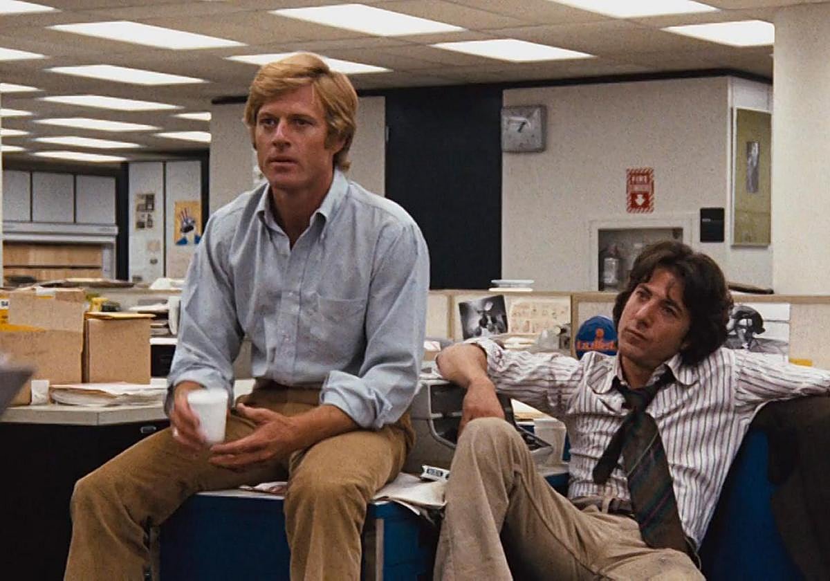 Robert Redford y Dustin Hoffman en una secuencia de 'Todos los hombres del presidente'.