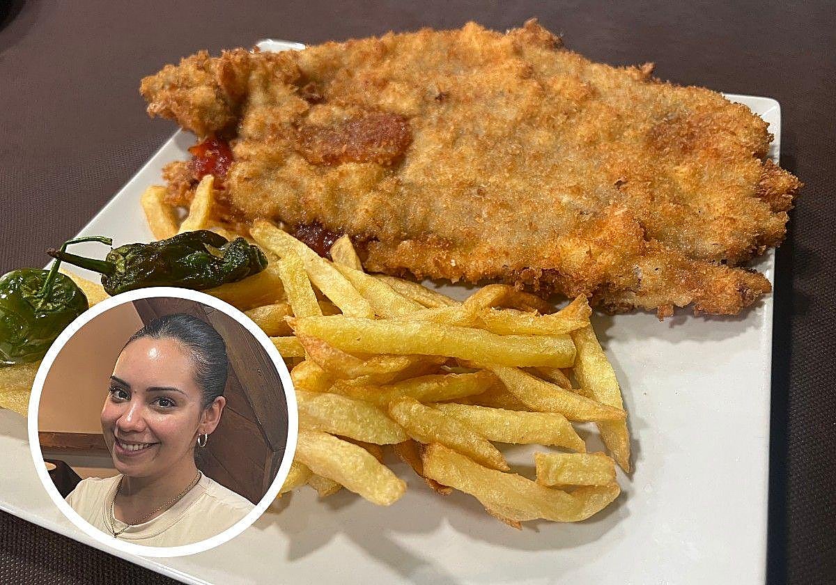 Cachopo 'Sabor magnífico' XL, con queso de nata y queso Cerréu ahumado, jamón serrano y tomate caramelizado. En el círculo, Beatriz Fernández.