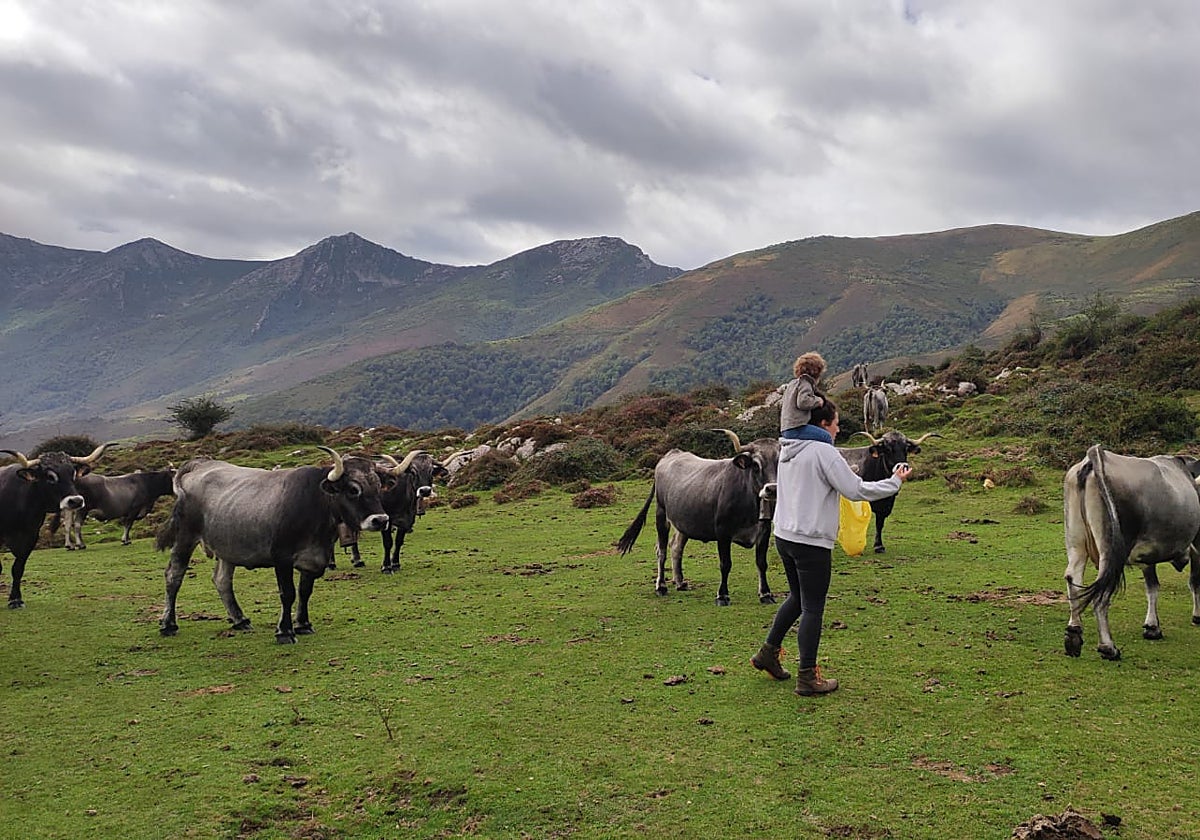 Una mujer del Valle del Nansa con su hijo cuidando del ganado.