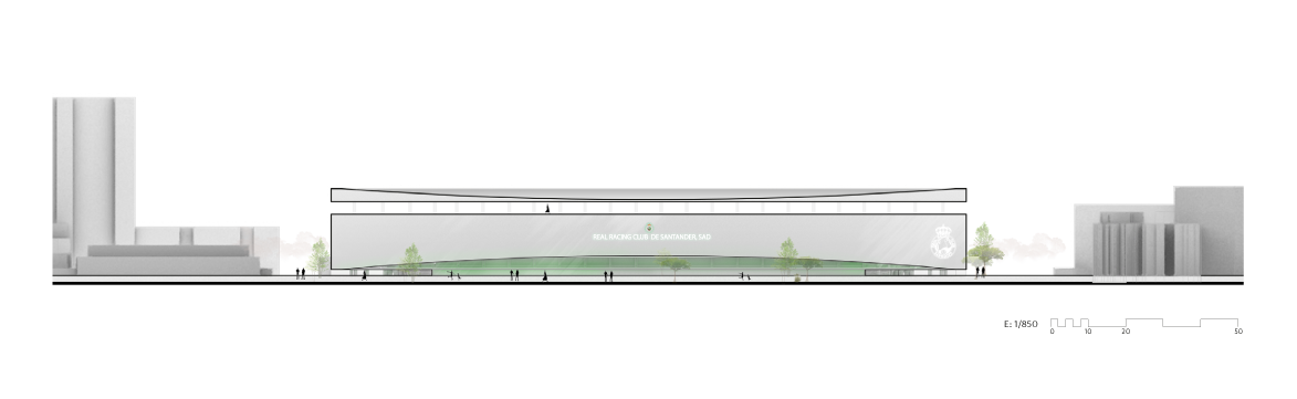 Imagen después - Se ampliaría con un nuevo edificio que sefundirá con el actual creando una sola unidad funcional, aunque estructuralmente sería la nueva estructura la que soportara todo el peso de las nuevas gradas (el tercer nivel). Actualmente es el acceso al terreno de juego y sede social del club, donde se encuentran el escudo y nombre de la sociedad y las banderas.