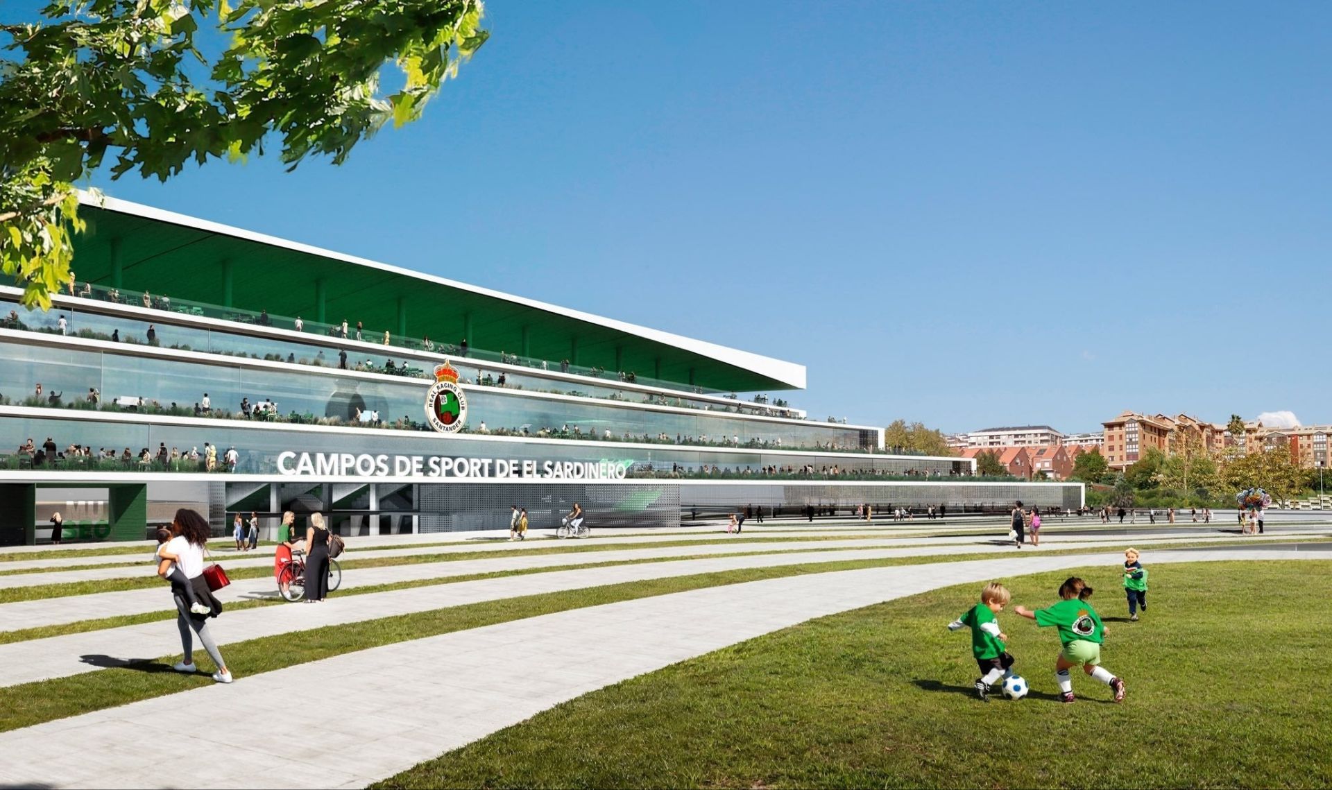 Vista de la fachada del estadio que comunica con la nueva plaza y el parque de Mesones.