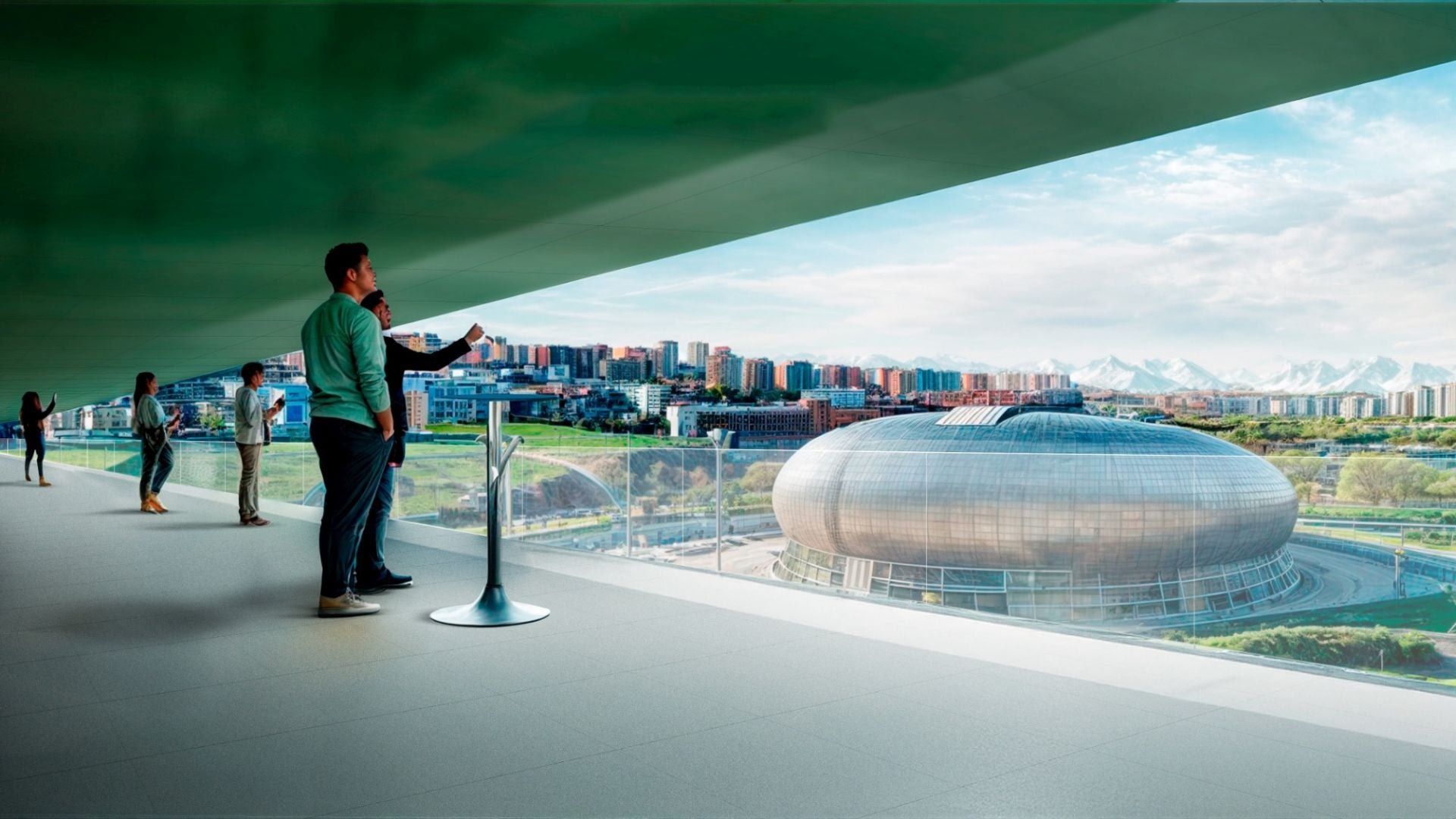 Recreación de la terraza que se pretende acometer en la fachada principal del estadio con vistas al Palacio de Deportes ('La Ballena') y el parque de Las Llamas.