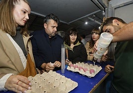 Varias personas observan cómo llenan con orujo los chupitos que se colocan en las típicas hueveras que se utilizan para esta fiesta.