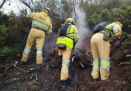 Las lluvias facilitan los trabajos de extinción de los bomberos forestales del Gobierno de Cantabria.