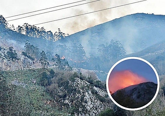 El fuego sobre las canteras de Las Caldas pierde intensidad. En detalle, las llamaradas vistas desde Barros, ayer.