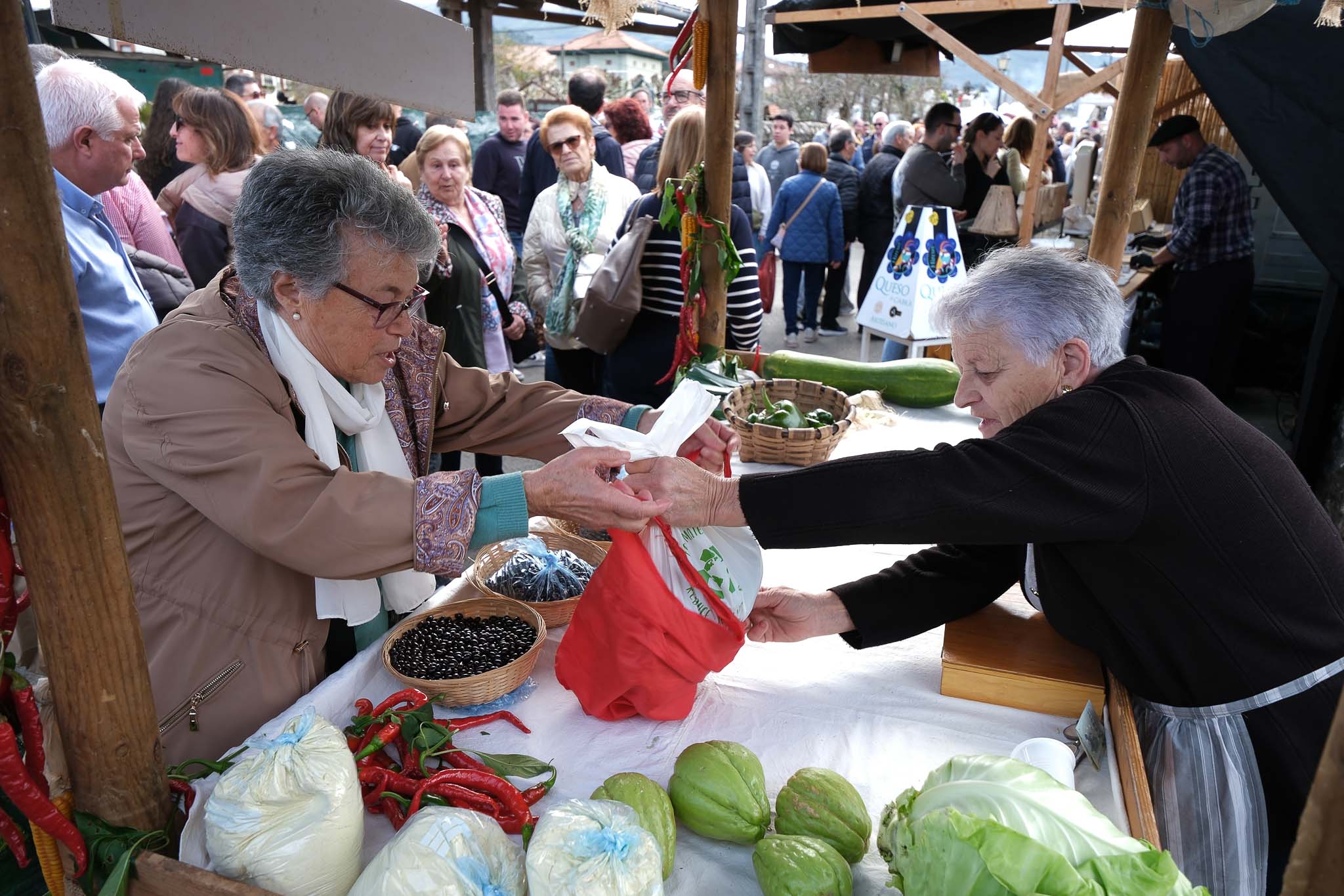 Una señora le compra alubias de Casar a María José Terán en su puesto en la feria.