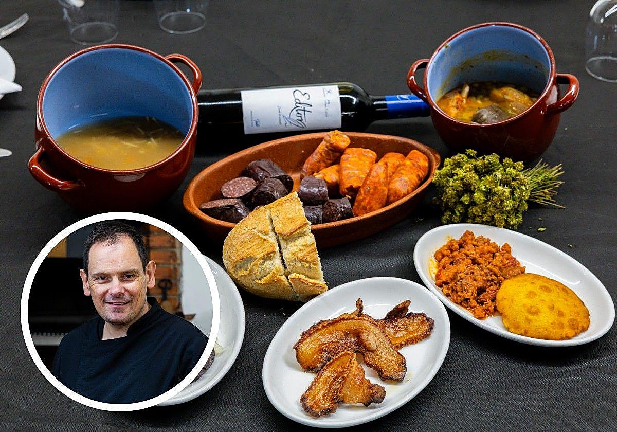 Bodegón de platos de matanza . En el círculo, Joaquín Gutiérrez.