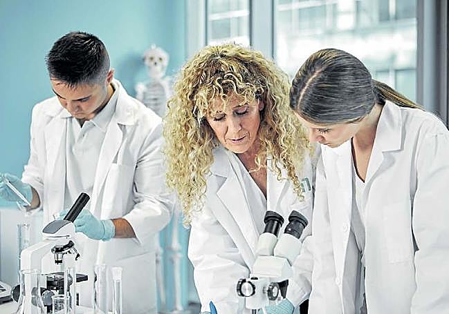 Dos alumnos realizan prácticas en el laboratorio clínico.