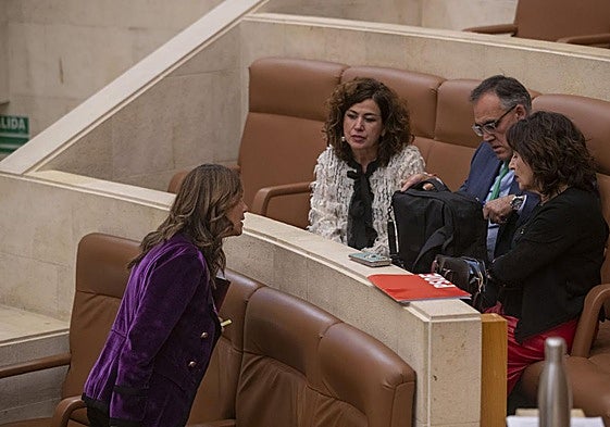 Paula Fernández (PRC) charla con los diputados socialistas Eva Salmón, Raúl Pesquera y Ana Belén Álvarez.