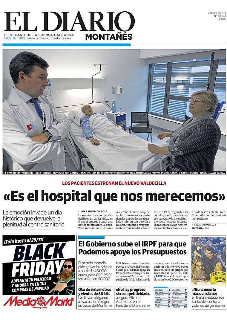 Imagen - Portada del 26 de noviembre de 2015, fecha en la que El Diario Montañés publicó un amplio despliegue del estreno de las Tres Torres, sin inauguración oficial.
