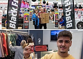 En la imagen de arriba un hombre porta una caja con un microondas comprado en el MediaMarkt de El Alisal, mientras que en la inferior Daniel Gómez, dependiente de Blue Banana, sostiene un cupón de la campaña 'Santander Local Fest'.