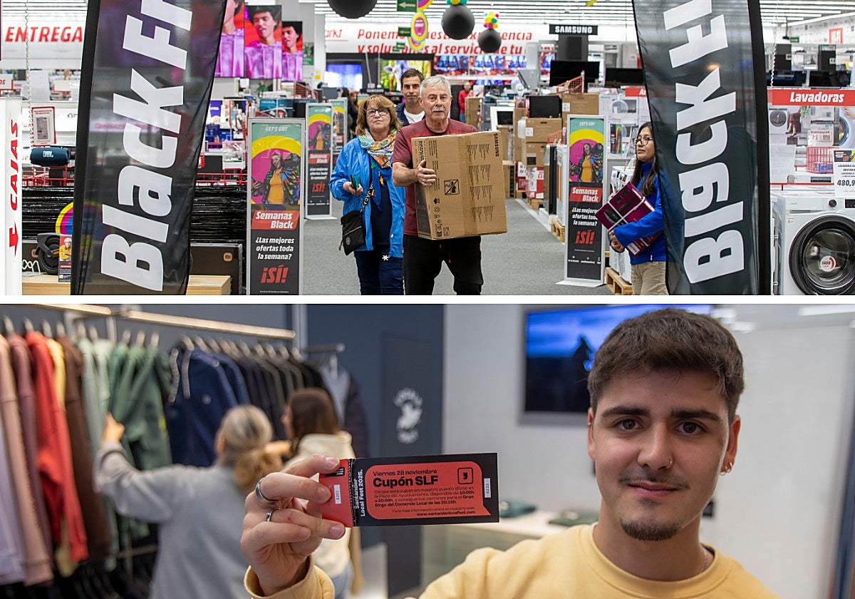 En la imagen de arriba un hombre porta una caja con un microondas comprado en el MediaMarkt de El Alisal, mientras que en la inferior Daniel Gómez, dependiente de Blue Banana, sostiene un cupón de la campaña 'Santander Local Fest'.