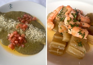Canelones a la florentina y cardos salteados con gambas, dos de las propuestas del restaurante de esta emblemática entidad santanderina.