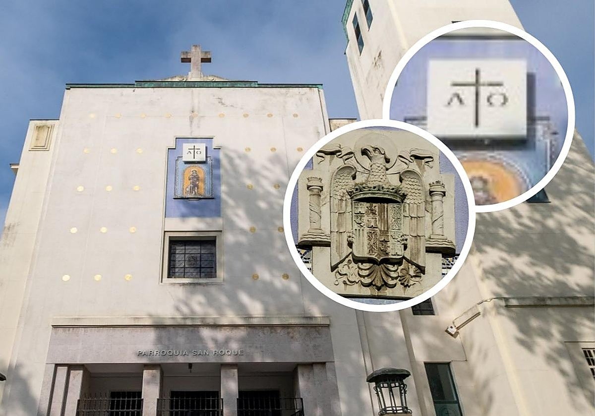 Estado actual de la fachada de la parroquia de San Roque, ya sin el escudo y con la nueva pieza ornamental.