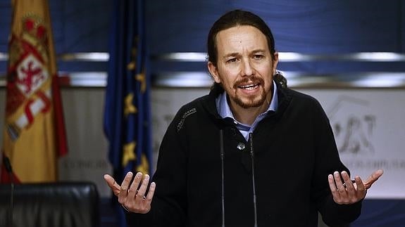 Pablo Iglesias, durante la rueda de prensa de hoy.