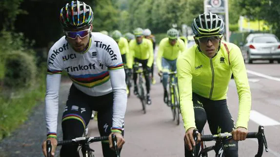 Contador y Sagan, durante un entrenamiento previo al Tour. 
