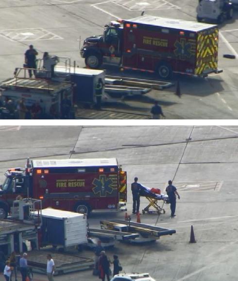 Captura de un vídeo del canal 51 de Telemundo donde se ven ambulancias evacuando a heridos en la pista de aterrizaje del aeropuerto de Fort Lauderdale, Florida.