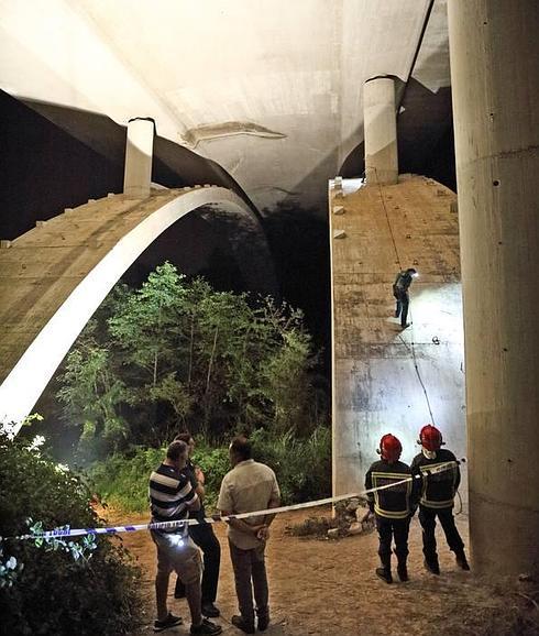 Miembros del Greim, del 112 y de bomberos, en el viaducto de Cedeja la noche del lunes.