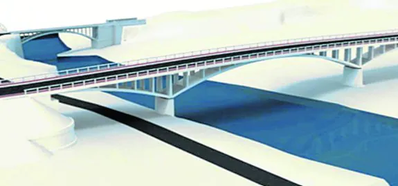 Recreación de cómo será el nuevo puente de Golbardo con la antigua estructura al fondo. 