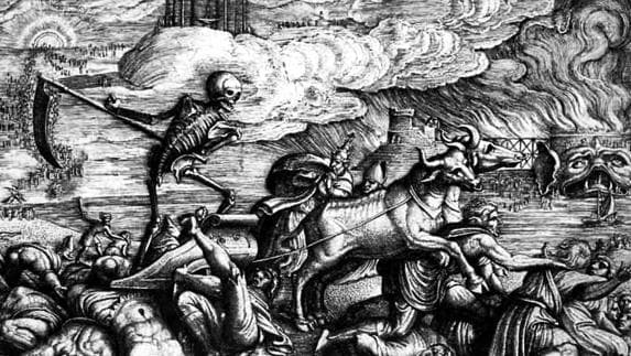 PENCZ, Georg (¿Núremberg? h. 1500-Leipzig 1550) El triunfo de la Muerte. De la serie Los triunfos de Petrarca (5 estampas), h. 1539 Buril, 208 x 147 mm. 