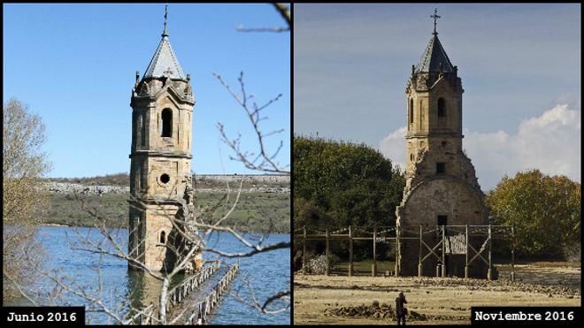 En la foto de la izquierda se ve la torre de la iglesia de Villanueva de las Rozas sumergida en el pantano, que es la estampa habitual de la zona. Esa foto se hizo el pasado mes de junio. En la imagen de la derecha se ve cómo está ahora mismo, en pleno mes de noviembre.