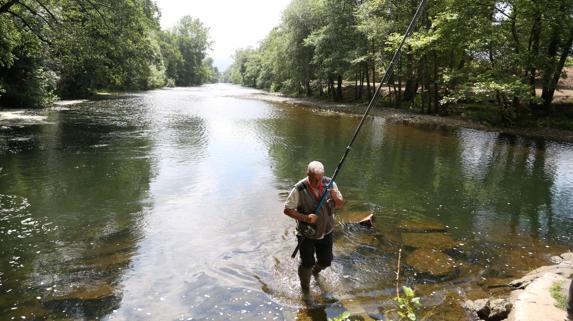 Emilio Fernández, de Ramales de la Victoria, se mueve por el coto Güedes, en Carandía, en busca de un puesto para dar con los salmones. 