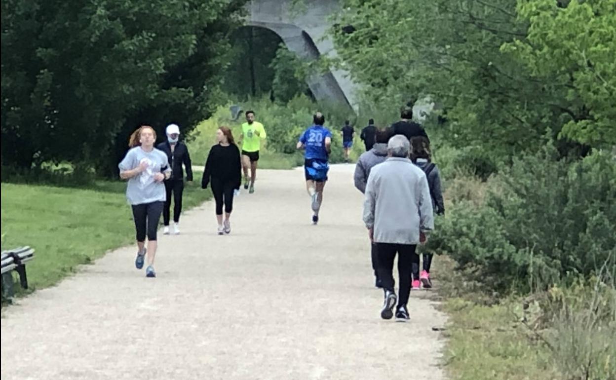 Andarines y deportistas por la ribera del río Pisuerga, junto a La Vega, esta mañana. 