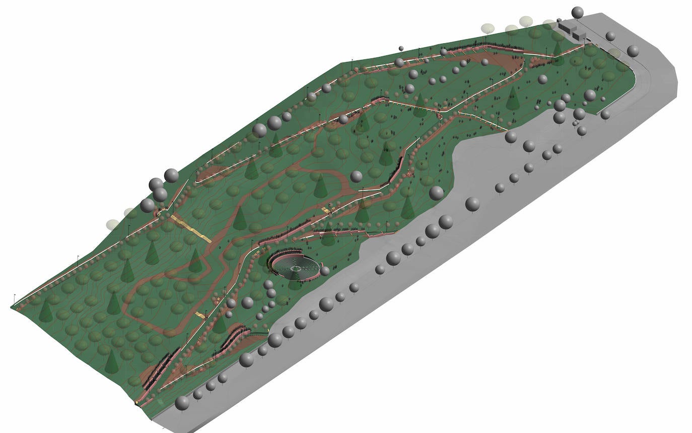 Esquema de la obra civil, mobiliario urbano y jardinería del parque Estela Domínguez