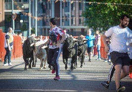 Varios jóvenes corren delante de los cinco toros del encierro de por la tarde en Arroyo