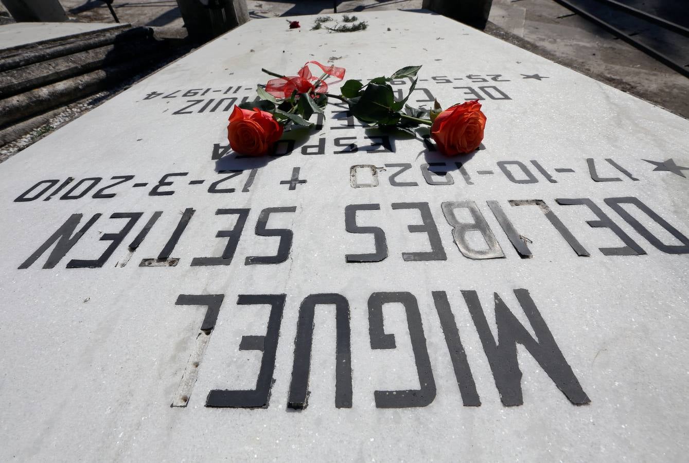 11.03.2015. Dos rosas sobre la tumba de Miguel Delibes en el quinto aniversario de su muerte.