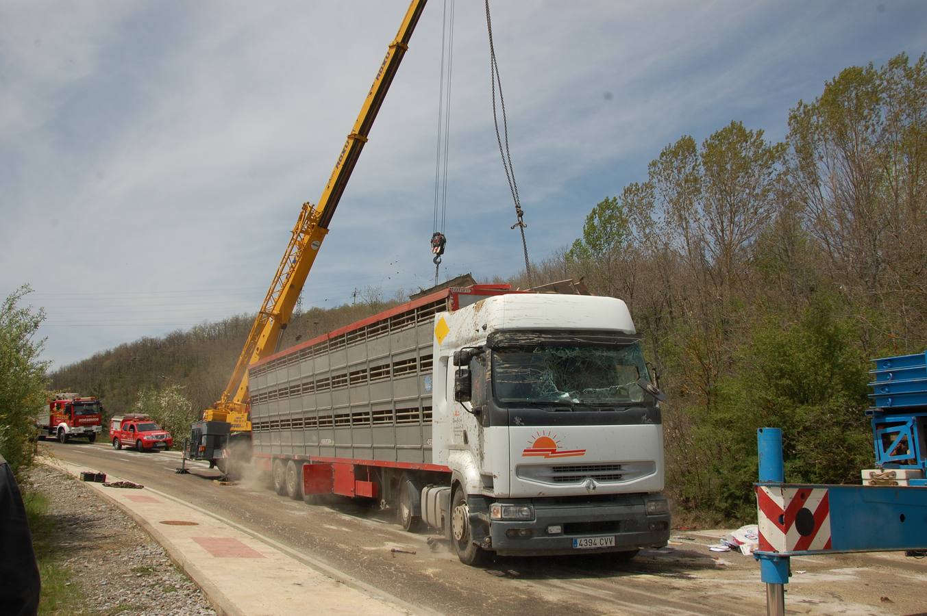 Vuelca un camión cargado de cerdos en la carretera de León a Guardo (Palencia)