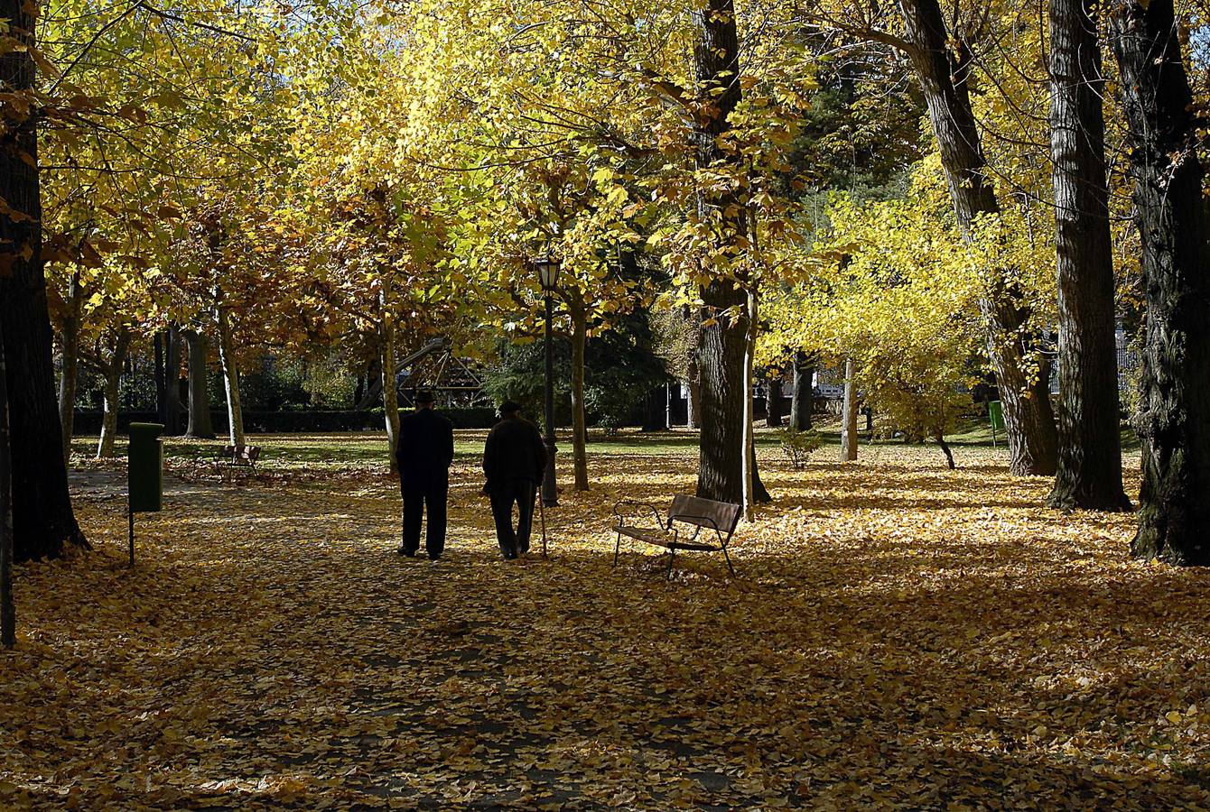 Dos ancianos pasean por el Parque de Quevedo en León, en esta soleada mañana de otoño.