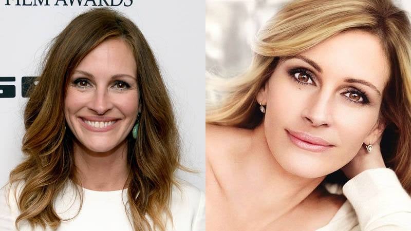 Julia Roberts posó para la campaña de Lancôme. Tras las múltiples denuncias recibidas por el abuso del Photoshop y la sensación de irrealidad del rostro de la actriz, se retiraron las fotografías en Reino Unido.