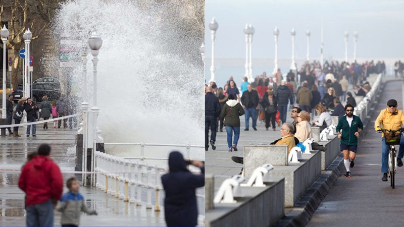Asturias. En la imagen del año pasado, grandes olas rompen contra el Muro de San Lorenzo en Gijón. En la imagen del pasado fin de semana, paseos soleados junto a la playa de San Lorenzo.