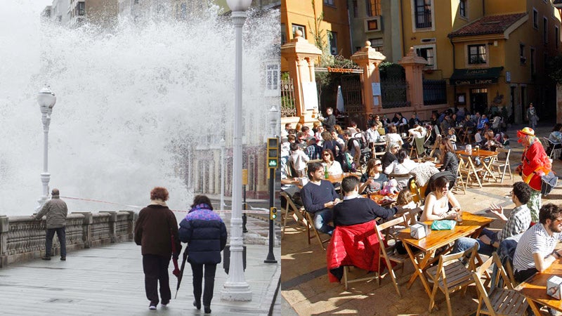 Asturias. En la imagen del año pasado, grandes olas rompen contra el Muro de San Lorenzo en Gijón. En la imagen del pasado fin de semana, cientos de asturianos disfrutaban del tiempo primaveral en las terrazas.